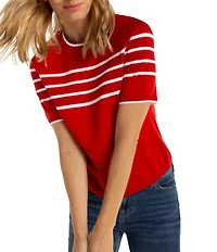 Liverpool Los Angeles Jersey Knit Stripe Ribbed Crew Neck Short Sleeve Sweater Top