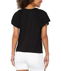 Liverpool Los Angeles Jersey Knit V-Neck Short Flutter Sleeve Shirred Top