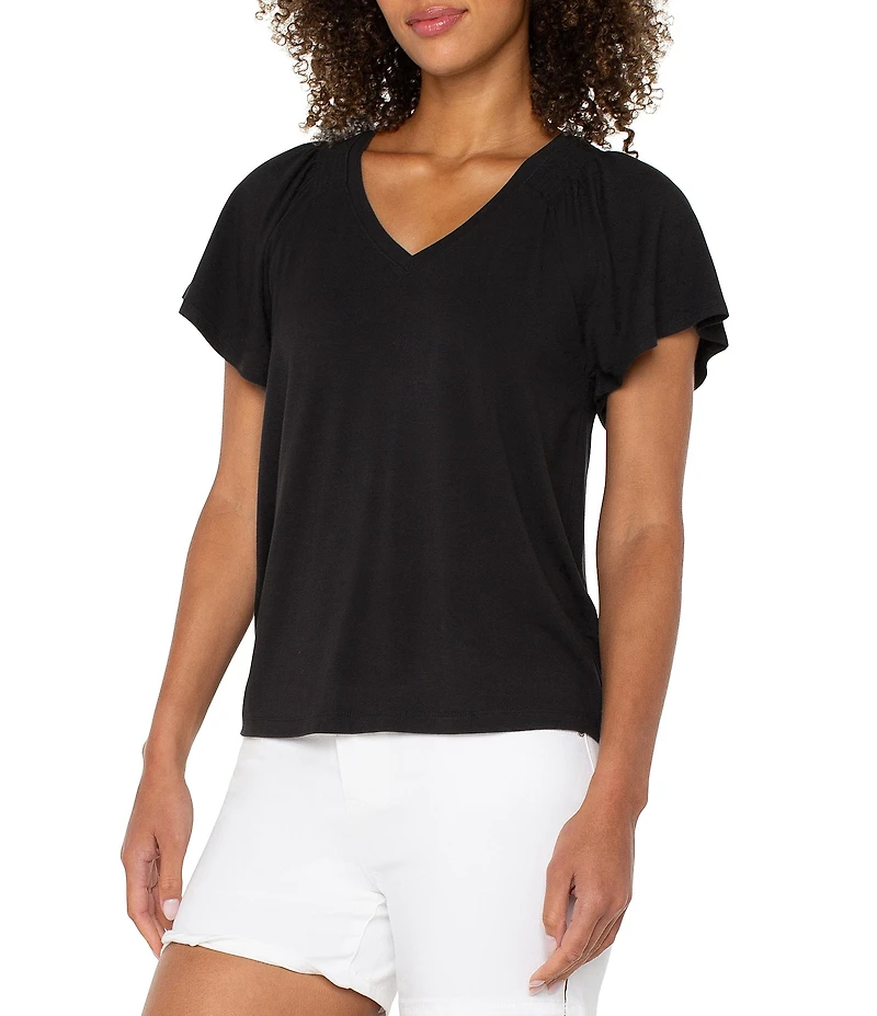 Liverpool Los Angeles Jersey Knit V-Neck Short Flutter Sleeve Shirred Top