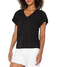 Liverpool Los Angeles Jersey Knit V-Neck Short Flutter Sleeve Shirred Top