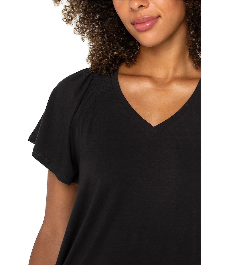 Liverpool Los Angeles Jersey Knit V-Neck Short Flutter Sleeve Shirred Top