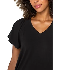 Liverpool Los Angeles Jersey Knit V-Neck Short Flutter Sleeve Shirred Top