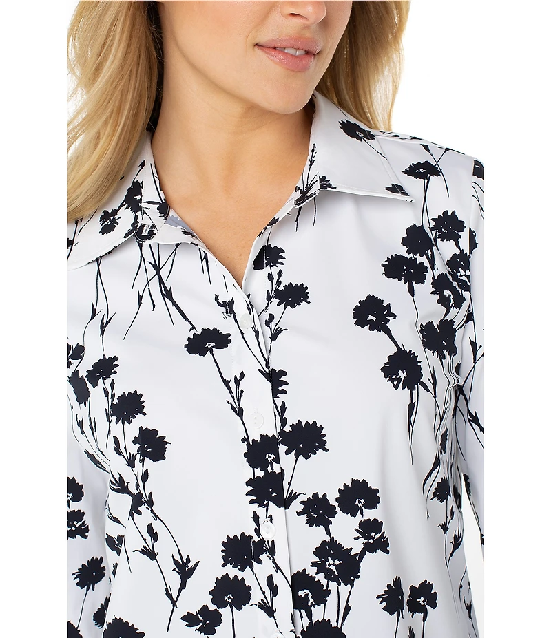 Liverpool Los Angeles Knit Floral Print Point Collar Long Sleeve Shirt