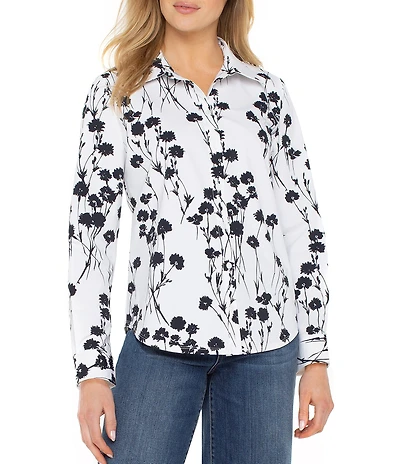Liverpool Los Angeles Knit Floral Print Point Collar Long Sleeve Shirt