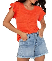 Liverpool Los Angeles Knit Geo Pointelle Short Flutter Sleeve Sweater