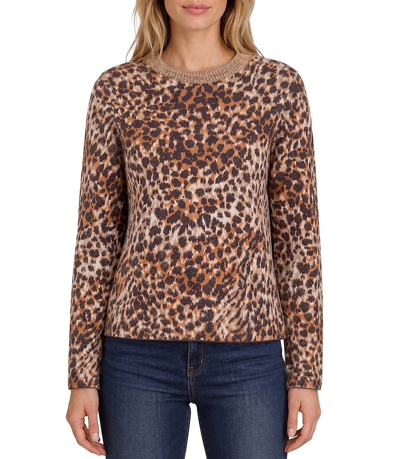 Liverpool Los Angeles Knit Jacquard Abstract Leopard Print Crew Neck Long Sleeve Top