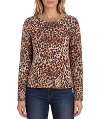 Liverpool Los Angeles Knit Jacquard Abstract Leopard Print Crew Neck Long Sleeve Top