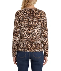 Liverpool Los Angeles Knit Jacquard Abstract Leopard Print Crew Neck Long Sleeve Top