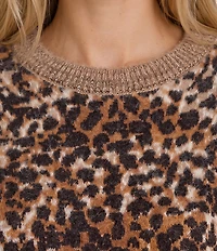 Liverpool Los Angeles Knit Jacquard Abstract Leopard Print Crew Neck Long Sleeve Top