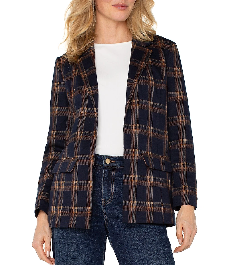 Liverpool Los Angeles Knit Jacquard Plaid Print Point Collar Long Sleeve Blazer