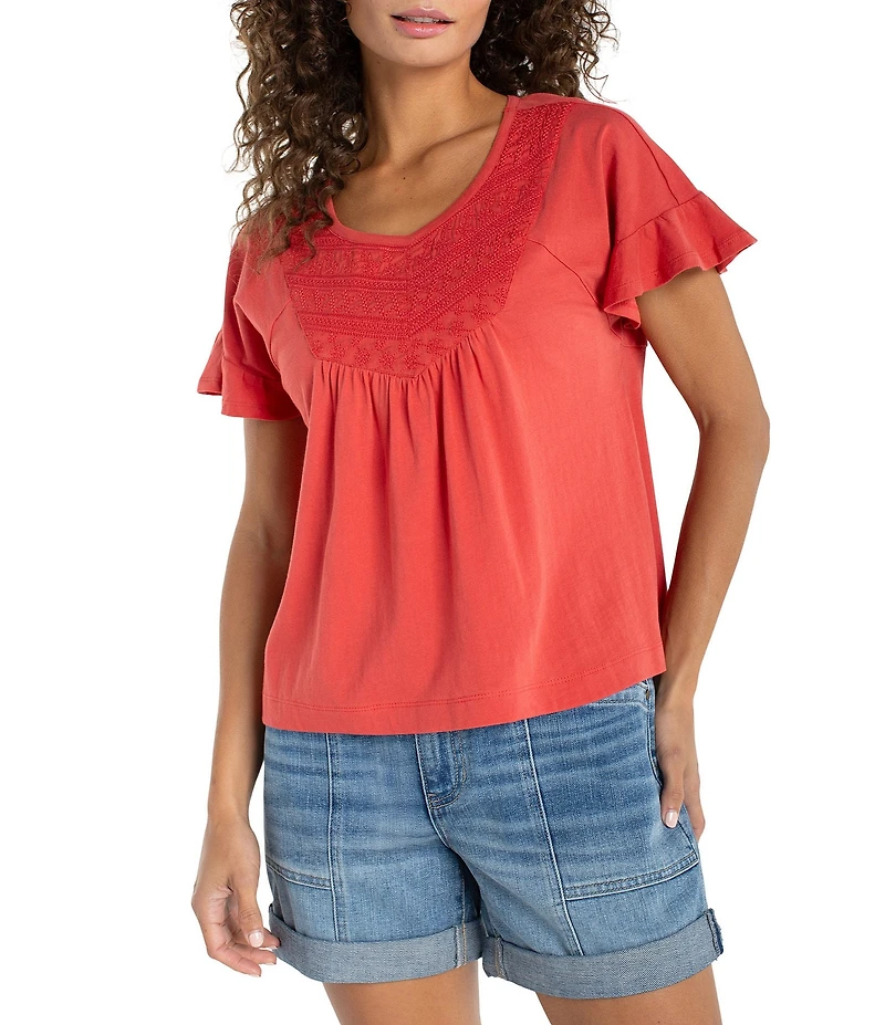 Liverpool Los Angeles Knit Jersey Embroidered V-Neck Short Flutter Sleeve Top