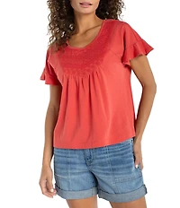 Liverpool Los Angeles Knit Jersey Embroidered V-Neck Short Flutter Sleeve Top