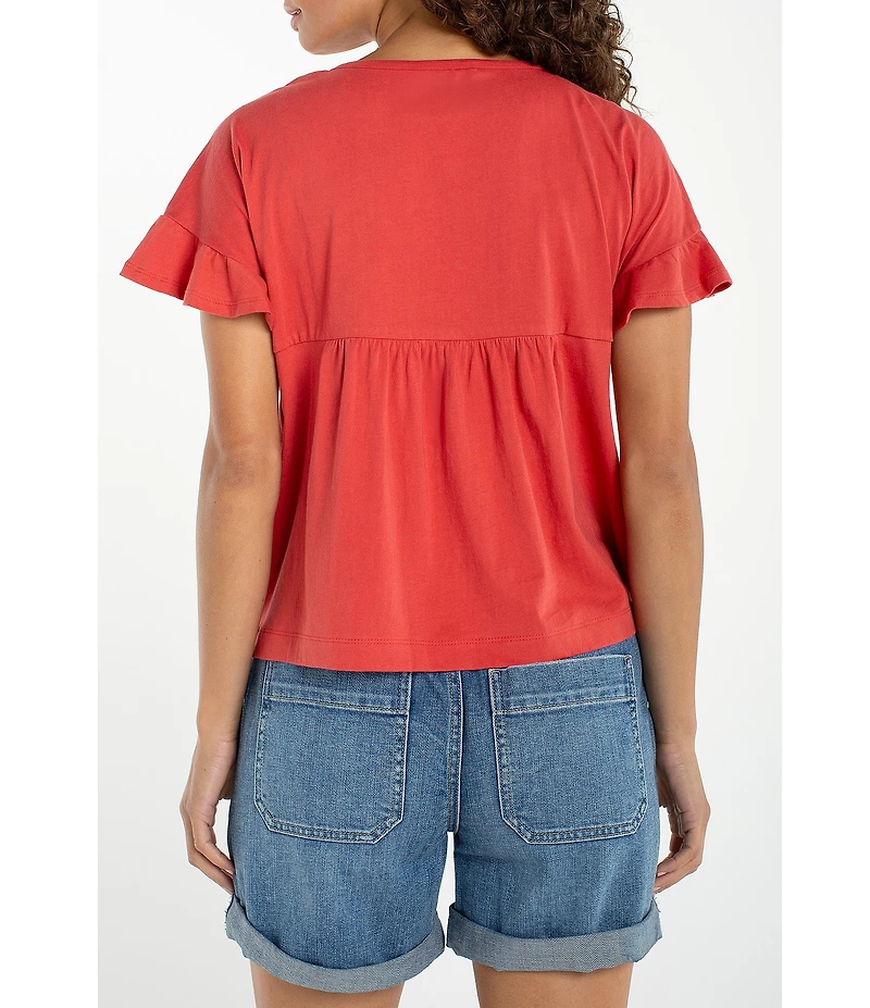 Liverpool Los Angeles Knit Jersey Embroidered V-Neck Short Flutter Sleeve Top