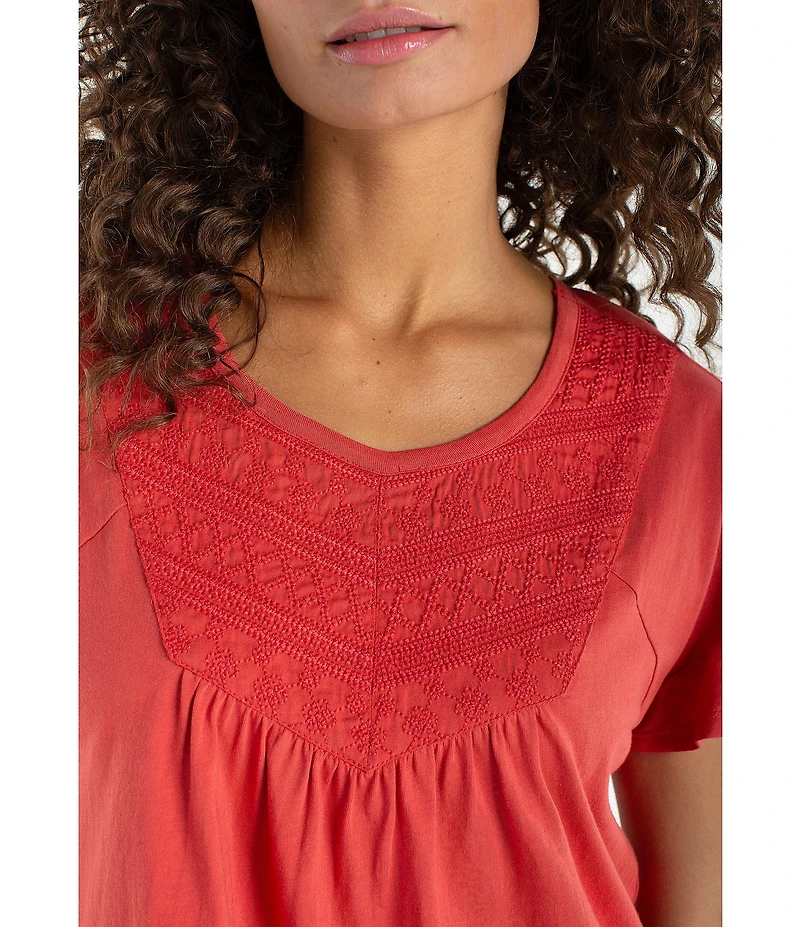 Liverpool Los Angeles Knit Jersey Embroidered V-Neck Short Flutter Sleeve Top