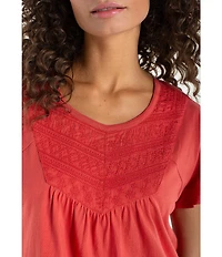 Liverpool Los Angeles Knit Jersey Embroidered V-Neck Short Flutter Sleeve Top