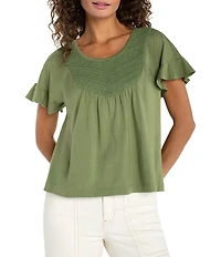 Liverpool Los Angeles Knit Jersey Embroidered V-Neck Short Flutter Sleeve Top