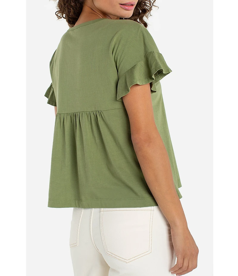 Liverpool Los Angeles Knit Jersey Embroidered V-Neck Short Flutter Sleeve Top