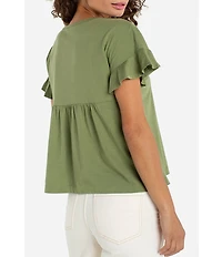 Liverpool Los Angeles Knit Jersey Embroidered V-Neck Short Flutter Sleeve Top