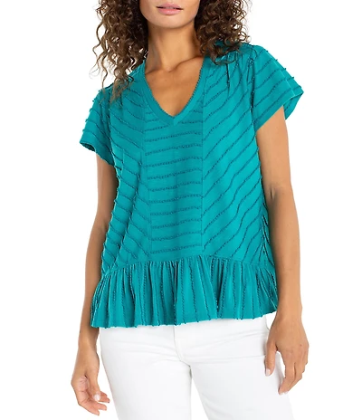 Liverpool Los Angeles Knit Stripe V-Neck Short Sleeve Top