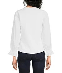 Liverpool Los Angeles Knit To Woven Jersey V-Neck 3/4 Sleeve 2 Front Button Detail Top