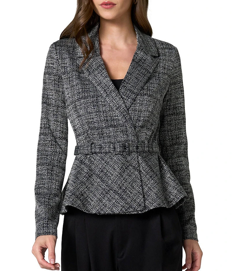 Liverpool Los Angeles Knit Tweed Print Notch Collar Long Sleeve Peplum Blazer