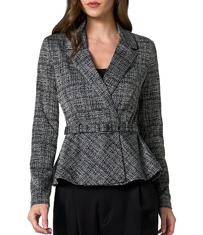 Liverpool Los Angeles Knit Tweed Print Notch Collar Long Sleeve Peplum Blazer
