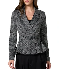 Liverpool Los Angeles Knit Tweed Print Notch Collar Long Sleeve Peplum Blazer