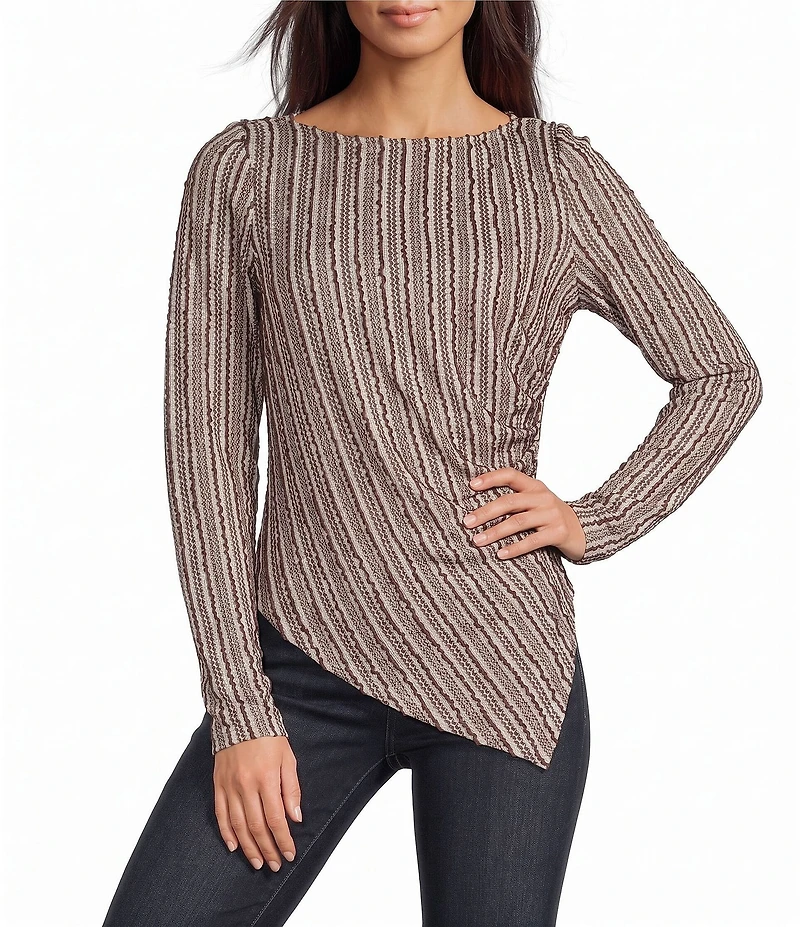 Liverpool Los Angeles Long Knit Stripe Jacquard Boat Neck Long Sleeve Asymmetric Hem Top