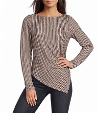 Liverpool Los Angeles Long Knit Stripe Jacquard Boat Neck Long Sleeve Asymmetric Hem Top