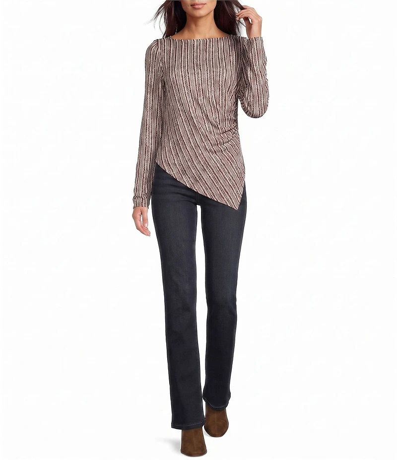 Liverpool Los Angeles Long Knit Stripe Jacquard Boat Neck Long Sleeve Asymmetric Hem Top