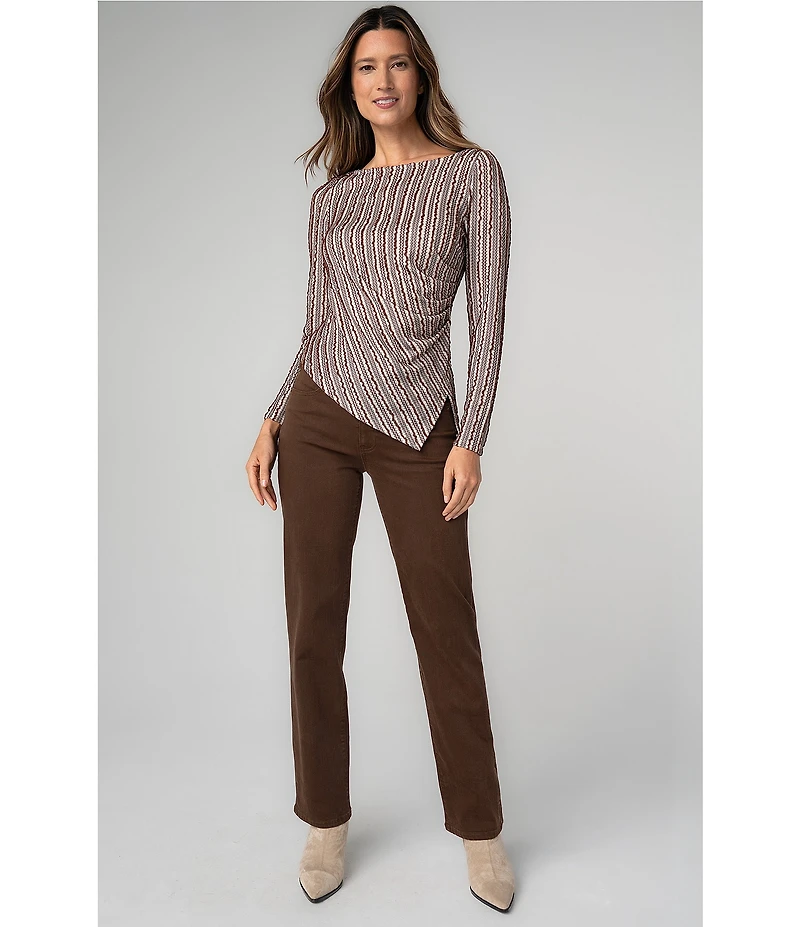 Liverpool Los Angeles Long Knit Stripe Jacquard Boat Neck Long Sleeve Asymmetric Hem Top