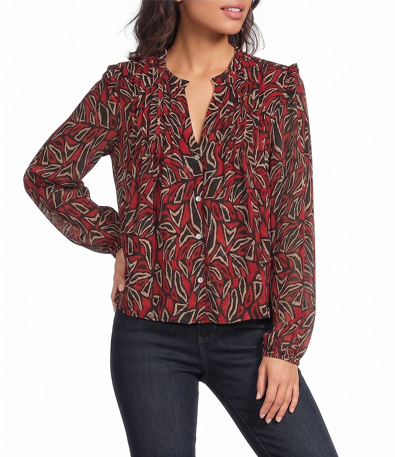 Liverpool Los Angeles Long Woven Chiffon Split Neck Long Sleeve Pintucks Blouse