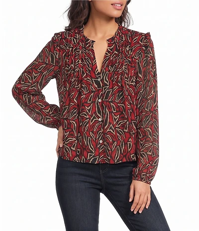 Liverpool Los Angeles Long Woven Chiffon Split Neck Long Sleeve Pintucks Blouse