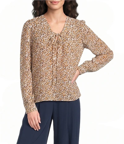 Liverpool Los Angeles Woven Chiffon V-Neck Long Sleeve Lace Up Front Top