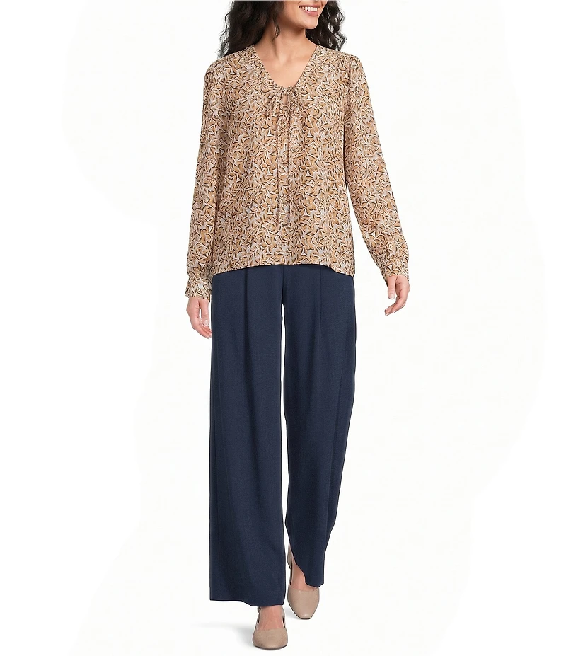 Liverpool Los Angeles Woven Chiffon V-Neck Long Sleeve Lace Up Front Top