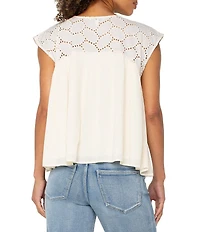 Liverpool Los Angeles Mixed-Media Oval Eyelet Scoop Neck Cap Sleeve Blouse
