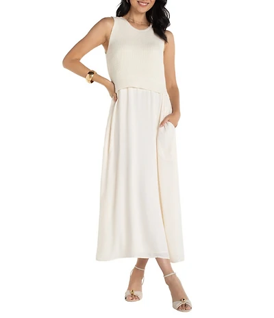 Liverpool Los Angeles Mixed Media Round Neck Sleeveless Maxi A-Line Dress