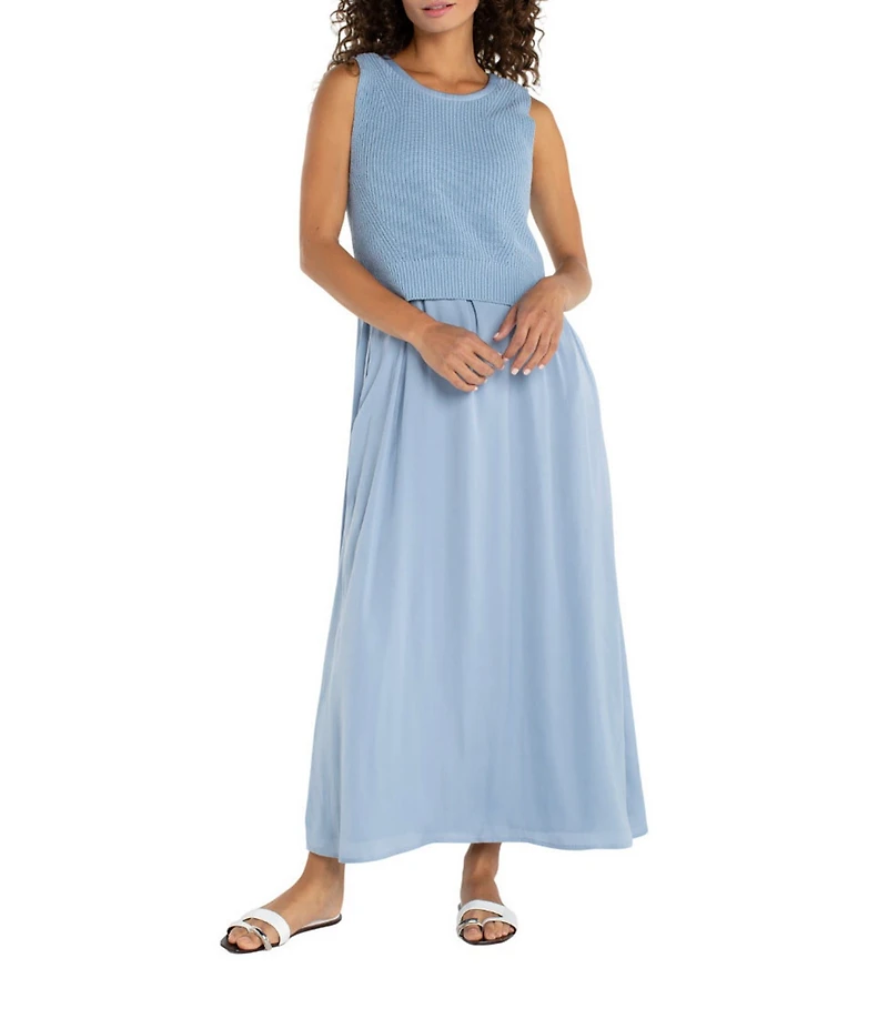 Liverpool Los Angeles Mixed Media Round Neck Sleeveless Maxi A-Line Dress