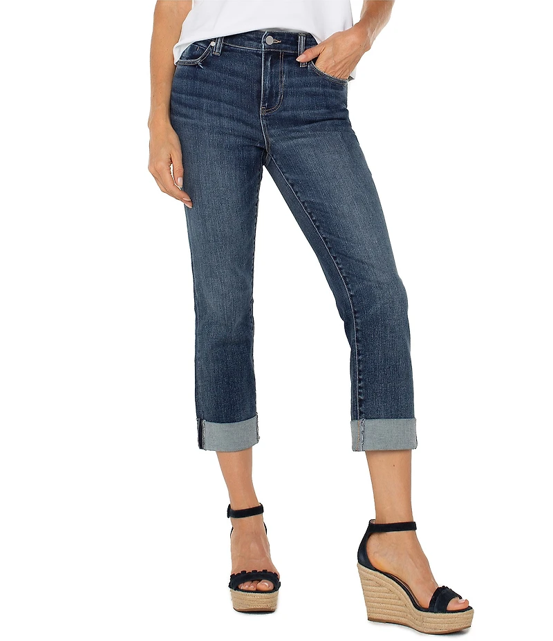 Liverpool Los Angeles Petite Size Charlie Stretch Denim Mid-Rise Straight Leg Wide Rolled Cuff Jeans