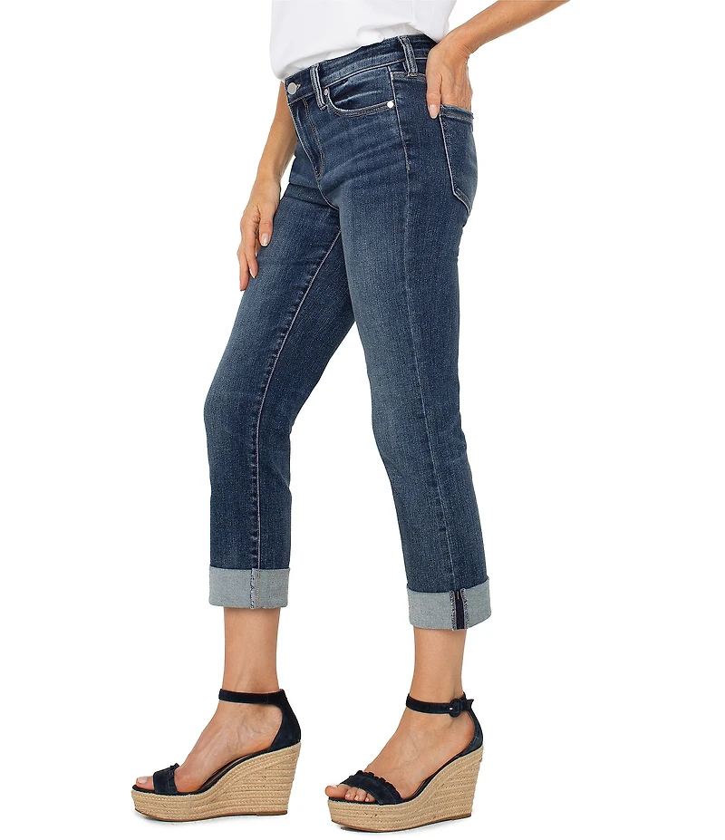 Liverpool Los Angeles Petite Size Charlie Stretch Denim Mid-Rise Straight Leg Wide Rolled Cuff Jeans