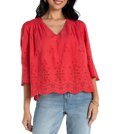 Liverpool Los Angeles Petite Size Cotton Embroidered Eyelet V-Neck 3/4 Sleeve Scallop Edge Top