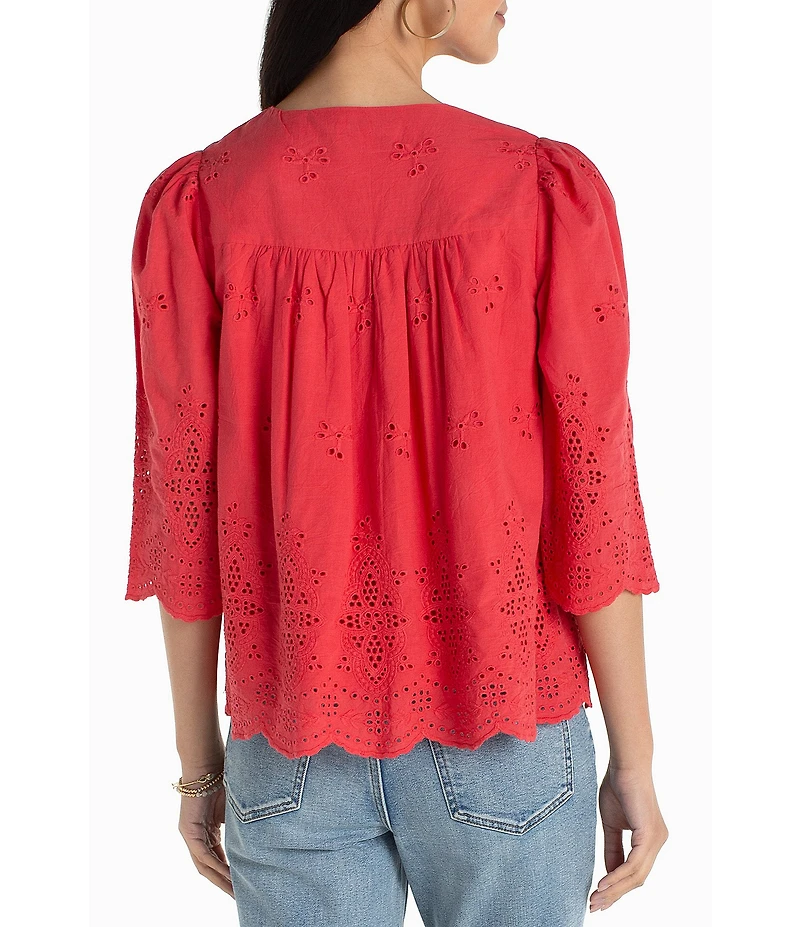 Liverpool Los Angeles Petite Size Cotton Embroidered Eyelet V-Neck 3/4 Sleeve Scallop Edge Top