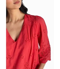 Liverpool Los Angeles Petite Size Cotton Embroidered Eyelet V-Neck 3/4 Sleeve Scallop Edge Top