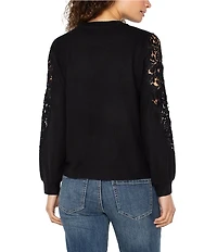 Liverpool Los Angeles Petite Size Crew Neck Long Soft Lace Inset Sleeve Top