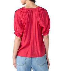 Liverpool Los Angeles Petite Size Crinkle Woven Split V-Neck Short Sleeve Blouse