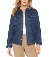 Liverpool Los Angeles Petite Size Denim Point Collar Long Sleeve Button Down Shirt