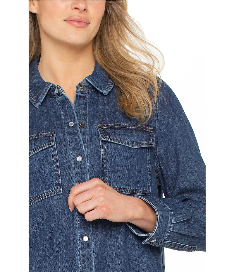 Liverpool Los Angeles Petite Size Denim Point Collar Long Sleeve Button Down Shirt
