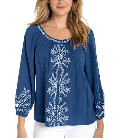 Liverpool Los Angeles Petite Size Double Gauze Woven Embroidered Top