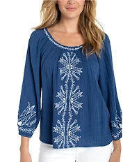 Liverpool Los Angeles Petite Size Double Gauze Woven Embroidered Top