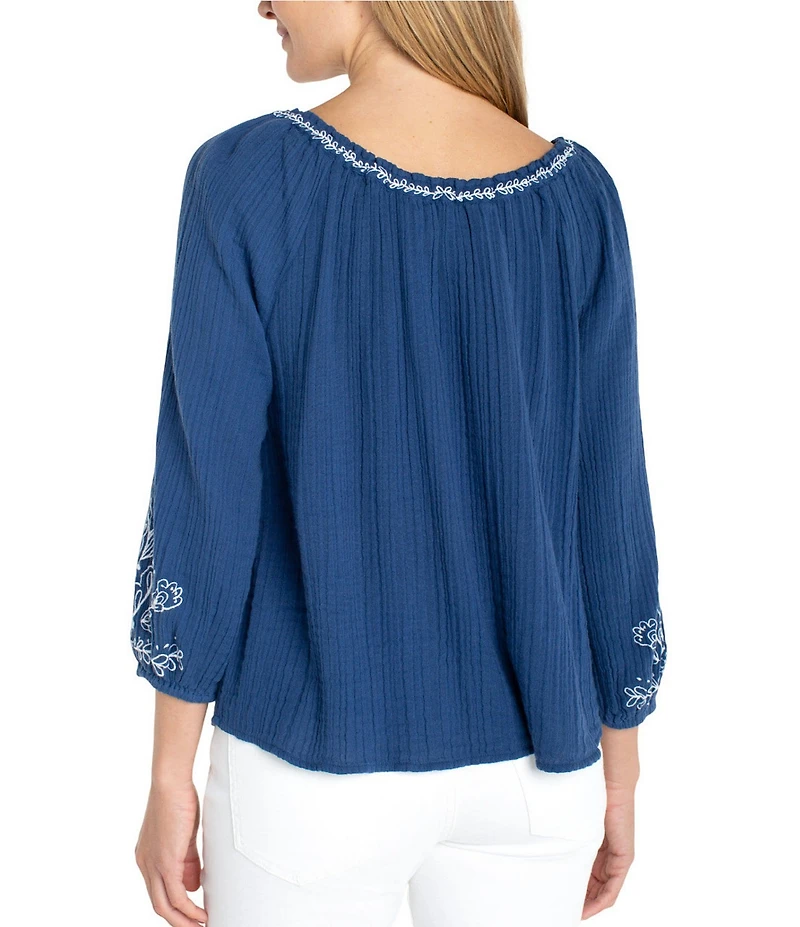 Liverpool Los Angeles Petite Size Double Gauze Woven Embroidered Top